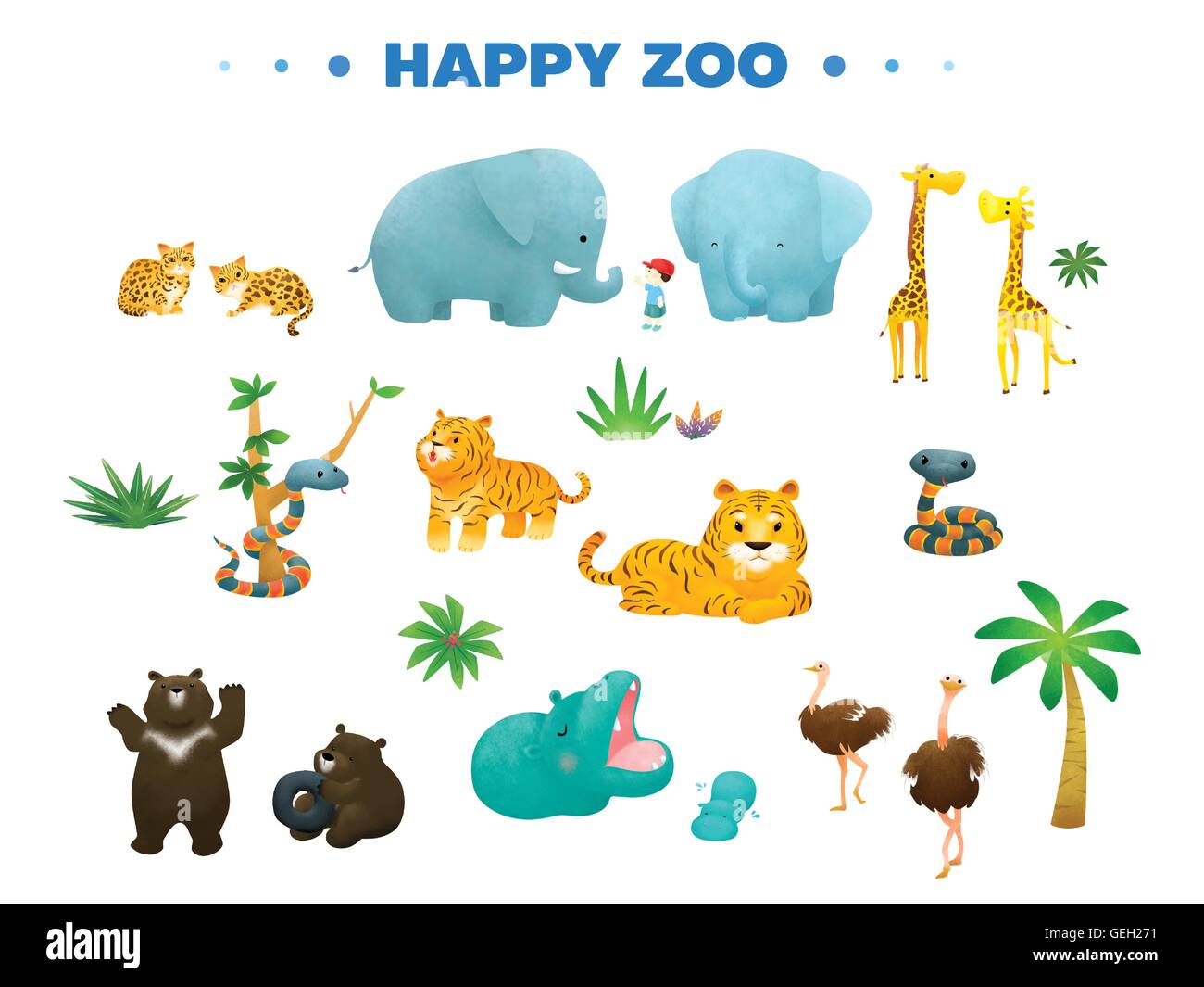 variety animal in happy zoo cartoon illustration Stock Vector