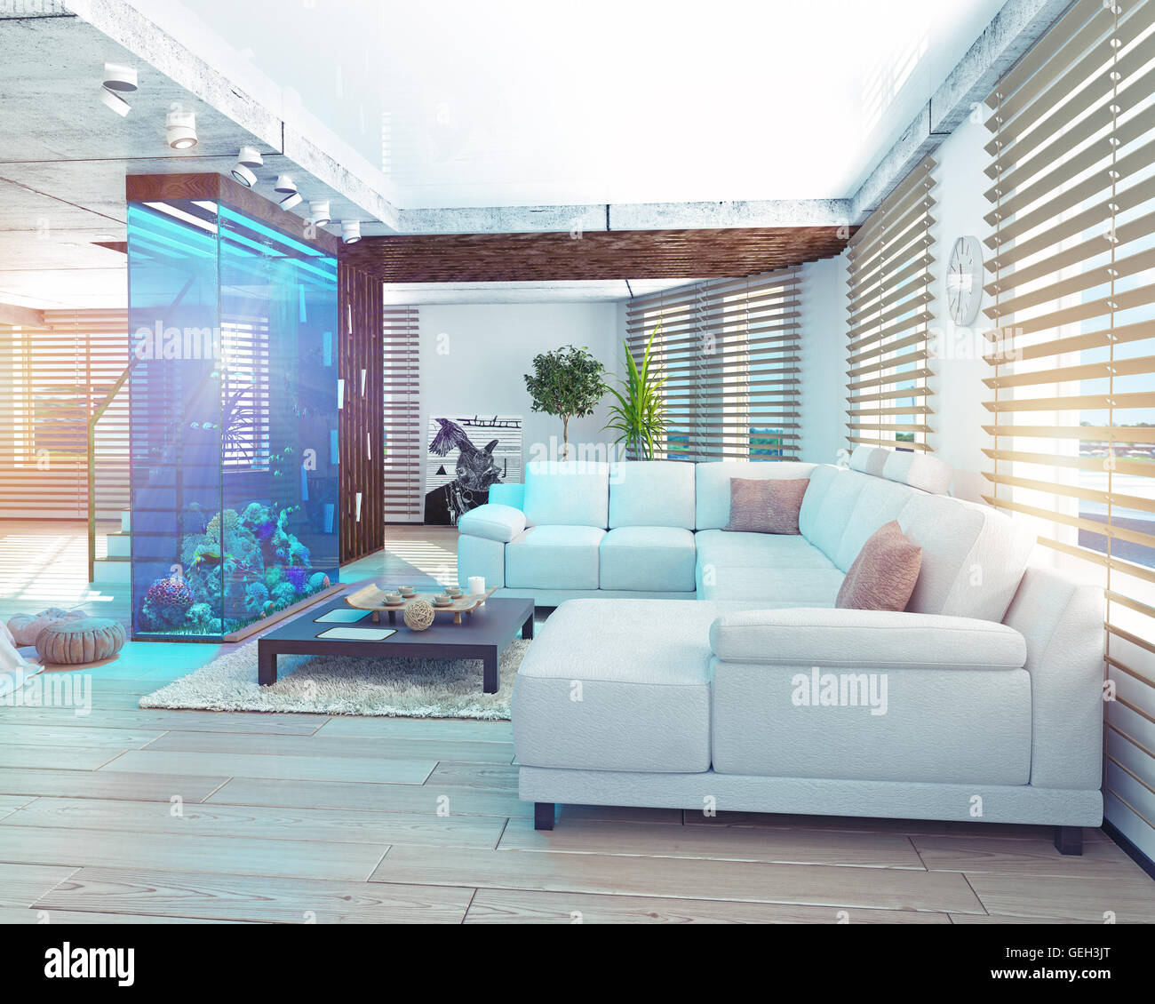The Modern Loft Interior With Aquarium 3d Concept Stock