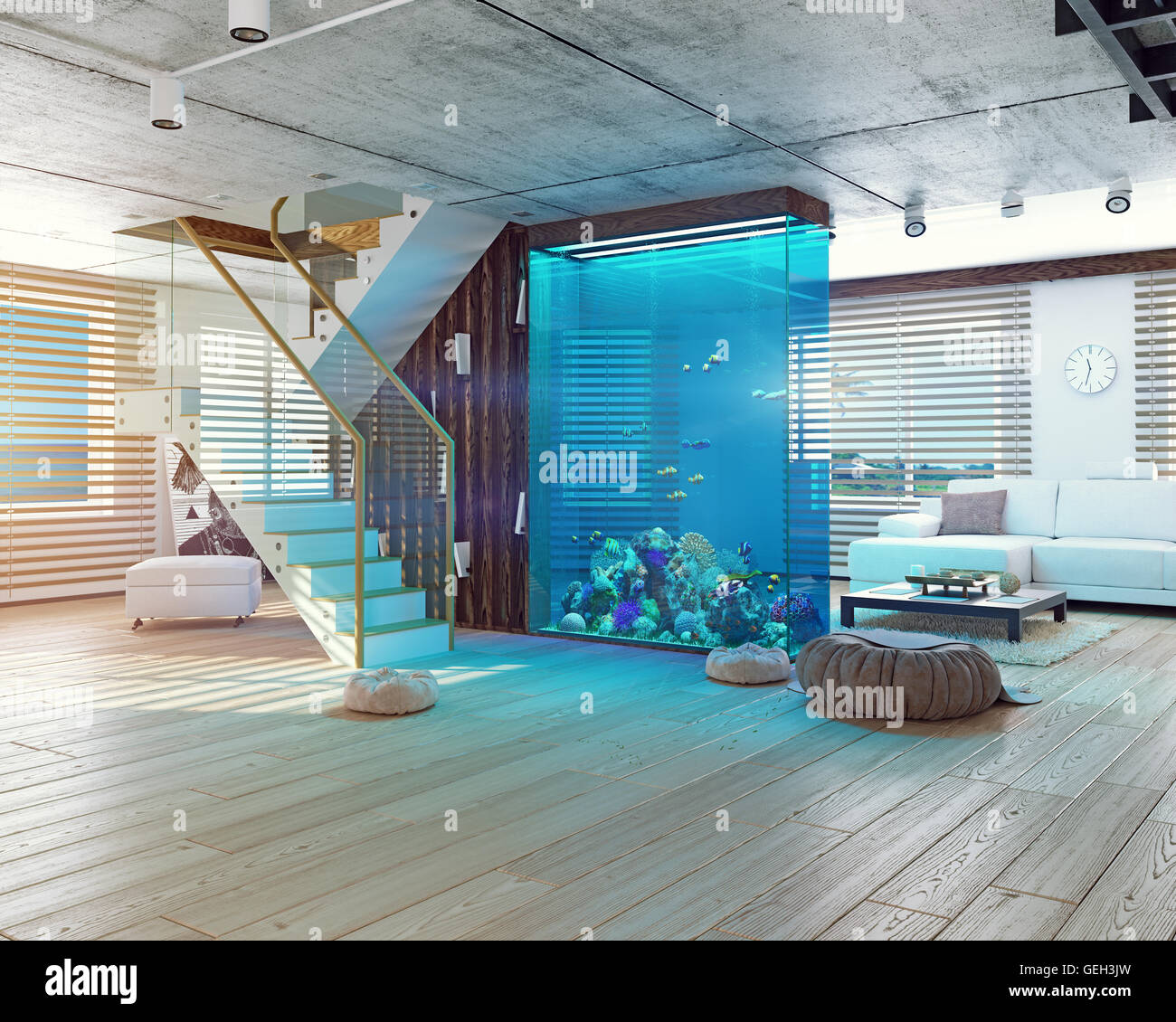 The modern loft interior with aquarium. 3d concept Stock Photo Alamy
