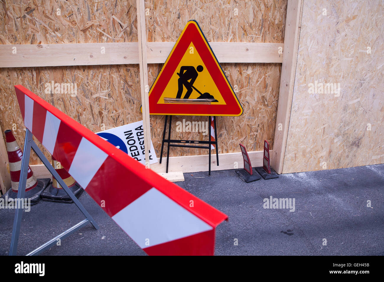 Barrier and warning sign at construction site Stock Photo