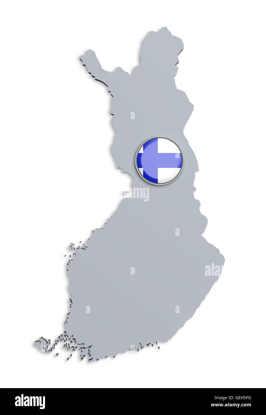 3d rendering of Finland boundaries and button with flag on white background. Stock Photo