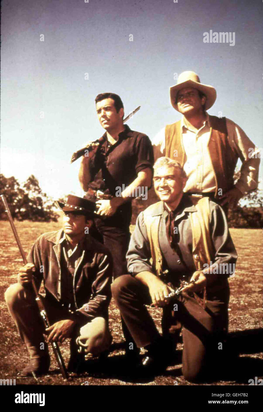 Bonanza - Western-Serie 1959-1973  The Cartwright Family  Adam (PERNELL ROBERTS), Joseph -LIttle Joe- (MICHAEL LANDON), father Ben (LORNE GREENE), Eric -Hoss- (DAN BLOCKER)., 1950er, 1950s, 1960er, 1960s, 1970er, 1970s, Bonanza, Cartwright family, Cowboyhut, Cowboys, Fernsehen, Gewehr, Serie, Television, US Series, Vater und Soehne, Vater und Söhne, Western, cowboy, father and sons, gun, guns, wearing a stetson, Bonanza Stock Photo
