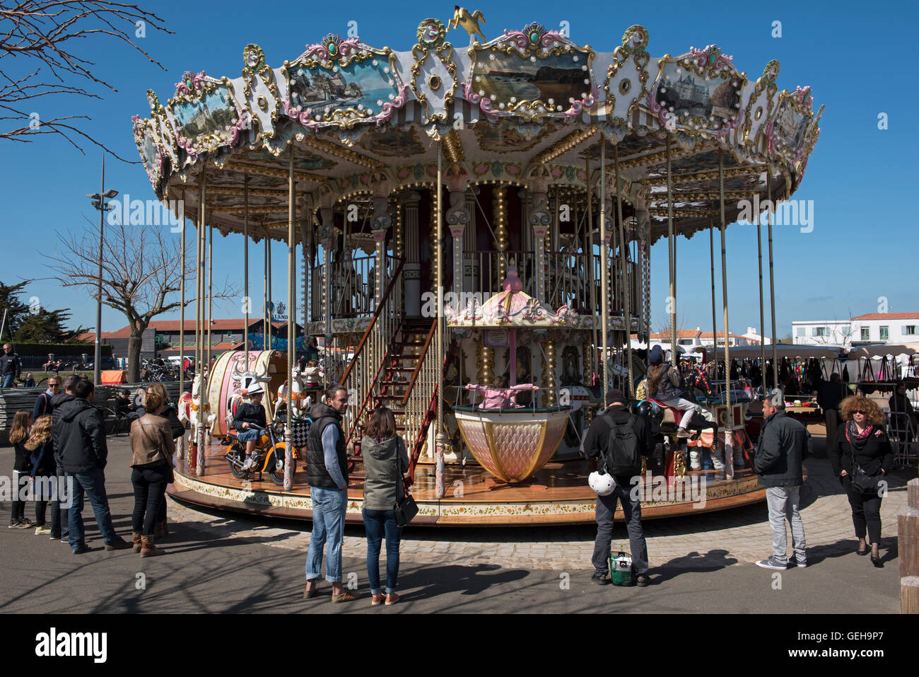 Carousel at Noirmoutier-en-l'Ile market, Ile de Noirmoutier, Vendée, France Stock Photo