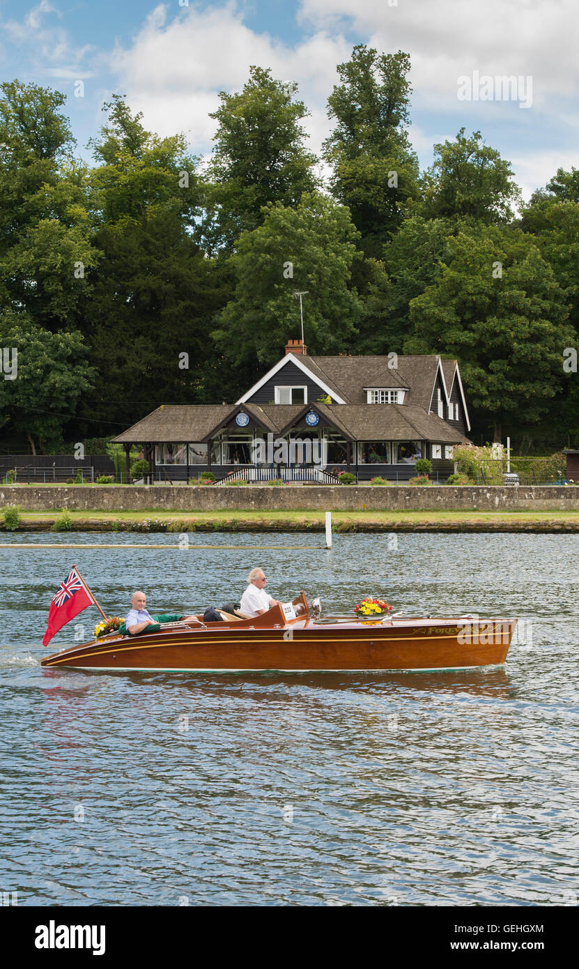 People aboard a Slipper launch boat at the Thames Traditional Boat Festival, Fawley Meadows, Henley On Thames, Oxfordshire, England Stock Photo
