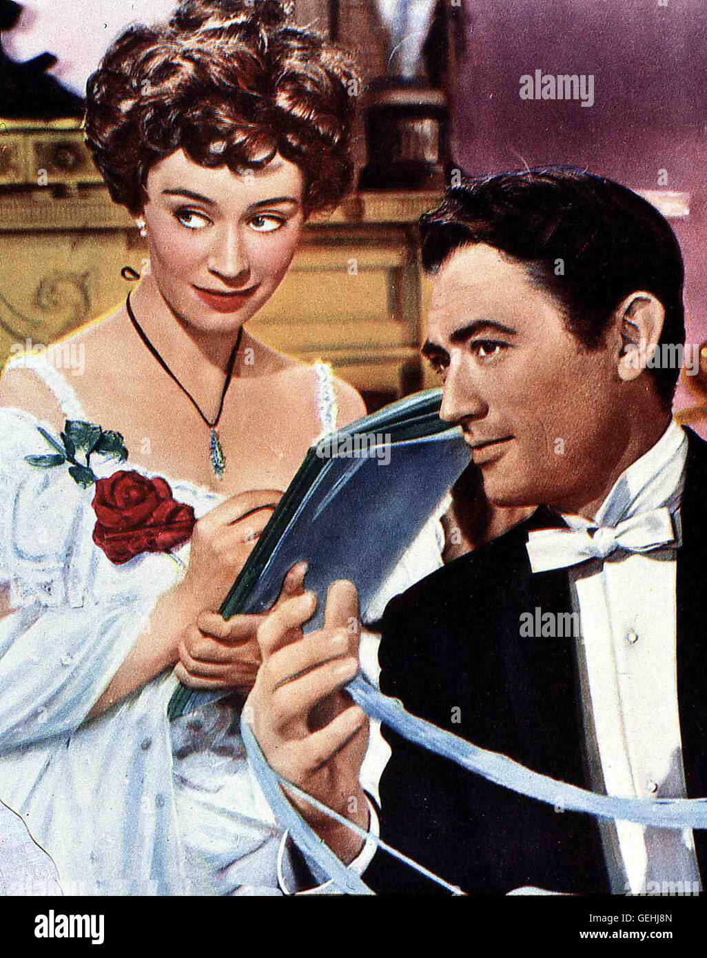 Jane Griffiths, Gregory Peck   Portia Landsdowne (Jane Griffiths) verliebt sich in den vermeintlchen Millionaer Jerry (Gregory Peck). Sie haelt auch noch zu ihm, als ihn seine 'feinen' Freunde verlassen.  *** Local Caption *** 1954, Million Pound Note, Th Stock Photo