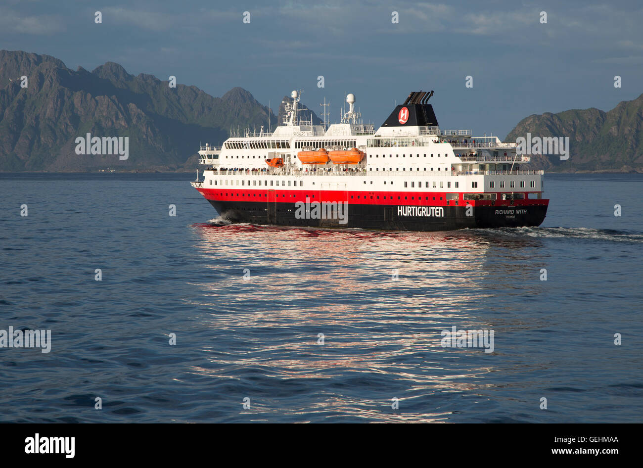Hurtigruten Coastal Express ferry ship 'Richard With', Svolvaer, Lofoten Islands, Nordland, Norway Stock Photo