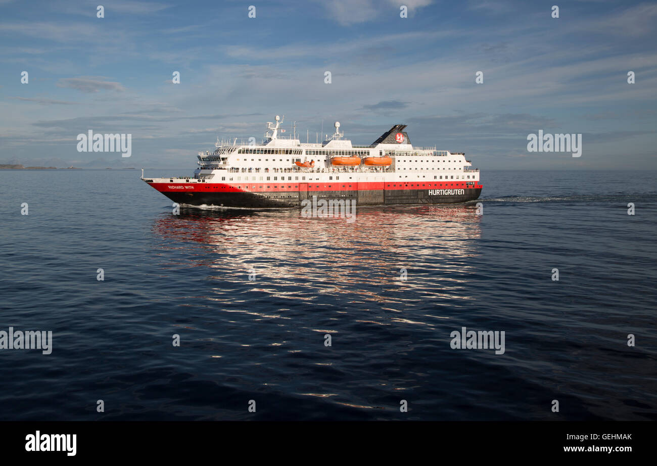 Hurtigruten Coastal Express ferry ship 'Richard With' at sea, Lofoten Islands, Nordland, Norway Stock Photo