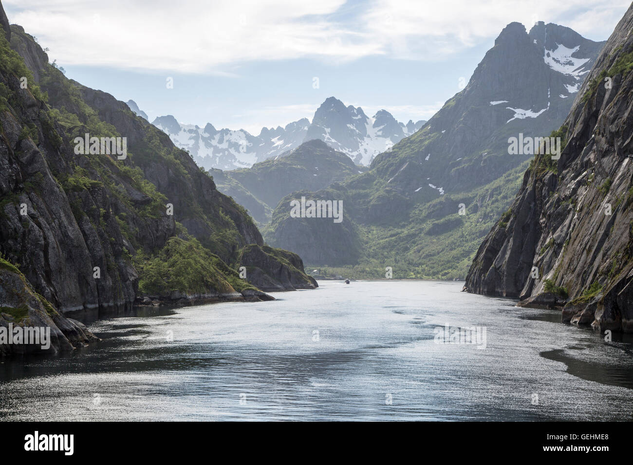 Steep sided glacial trough fiord of Trollfjorden, Lofoten Islands, Nordland, northern, Norway Stock Photo
