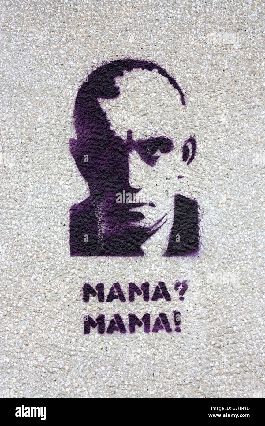 Stamp graffiti of Vladimir Mayakovski, a Russian avant-garde poet, Words ' Mama? Mama!' are from his poem ' A cloud n trousers'. Stock Photo