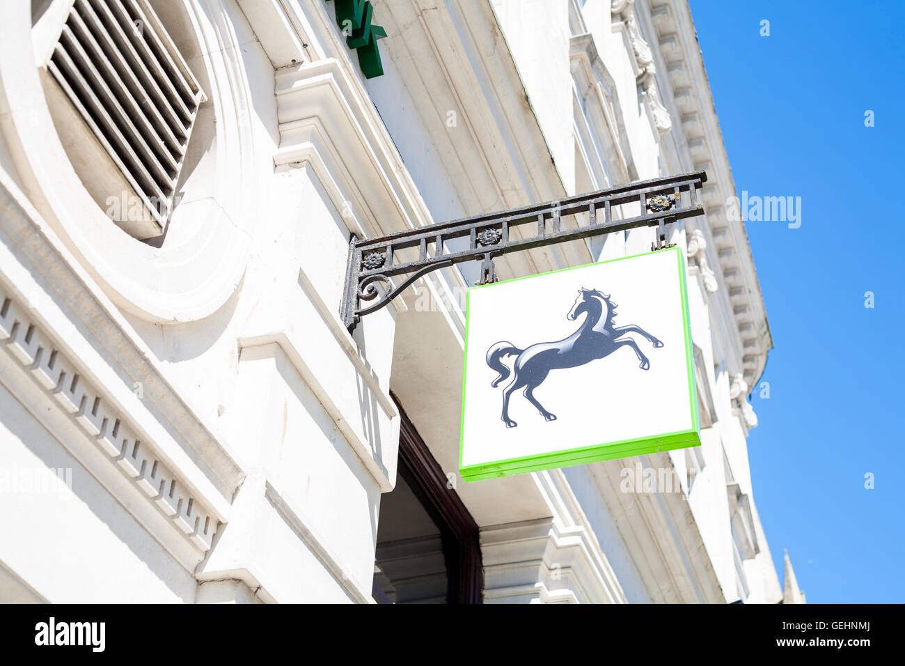 TRURO, CORNWALL, UK - JULY 17, 2016: Lloyds Bank Sign. Architectural detail of local branch of Lloyds Bank showing new branding. Stock Photo