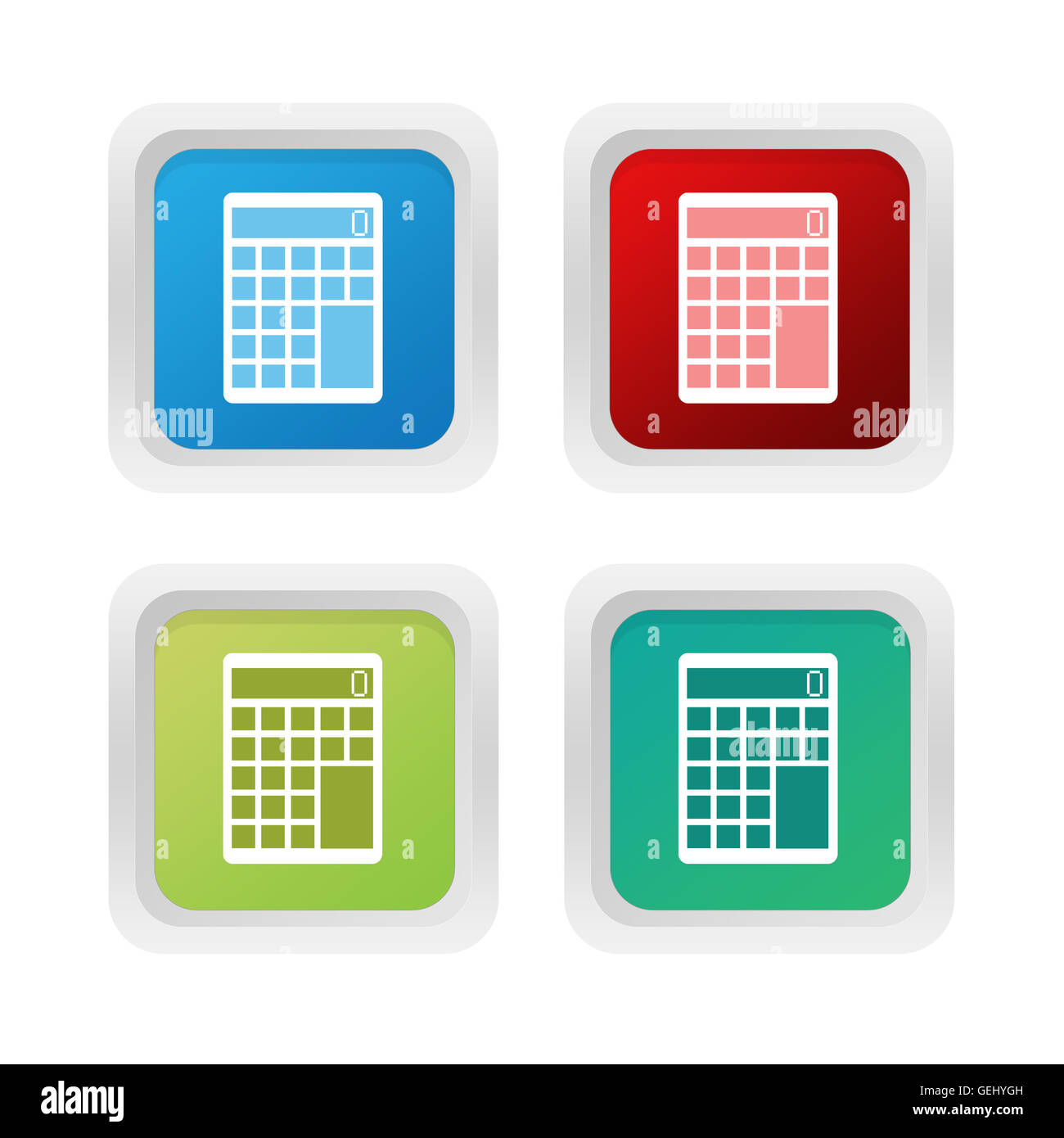 Set of squared colorful buttons with calculator symbol in blue, green