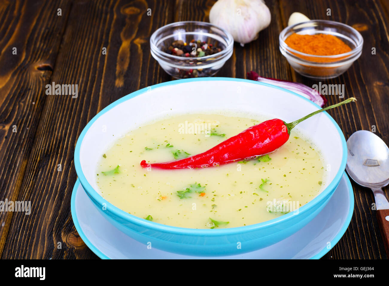 Cream Soup with Curry Sauce, Hot Pepper Red Stock Photo