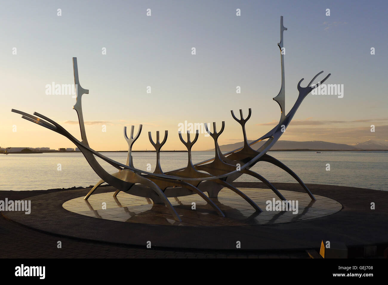 Viking ship sculpture in Reykjavik, Iceland, 'The Sun Voyager' at dusk