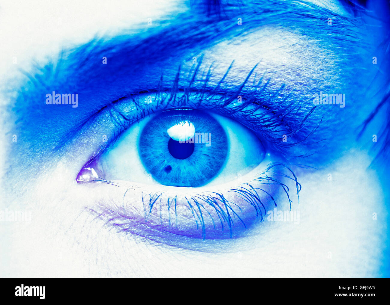 A very close-up shot of a single women's eye with a monochromatic blue tone Stock Photo