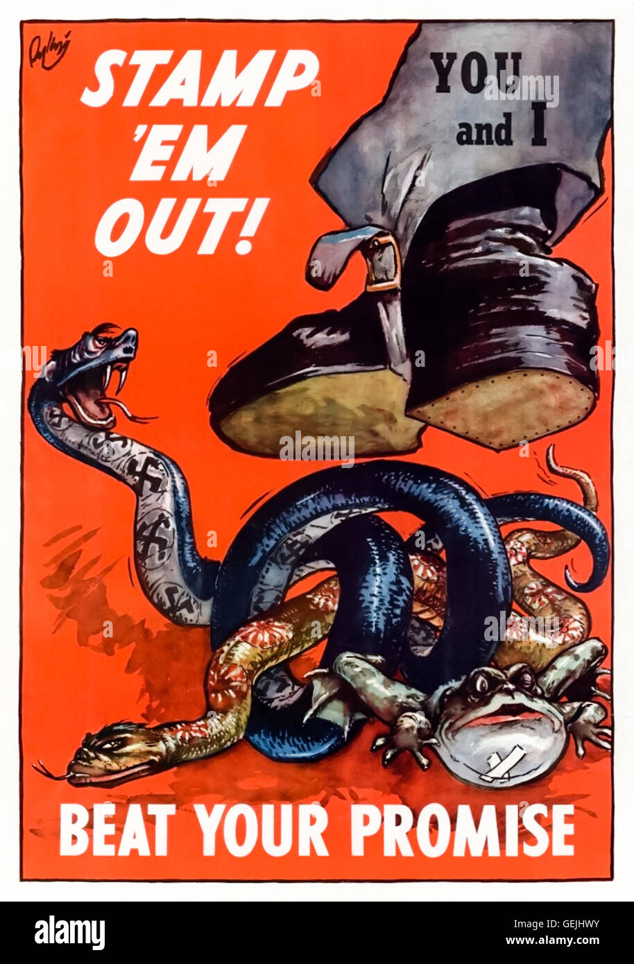 'Stamp ‘em Out! Beat the Promise'US Government World War 2 poster published in 1943 showing an American worker stamping on the Axis powers, Snakes representing Nazi Germany and Imperial Japan and a frog represents Mussolini's Italy. See description for more information. Stock Photo