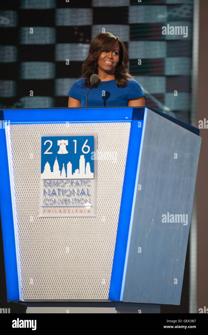Philadelphia, USA. 25th July, 2016. Democratic National Convention in Philadelphia.Michelle Obama speaks to Delegates at the DNC Credit:  Don Mennig/Alamy Live News Stock Photo
