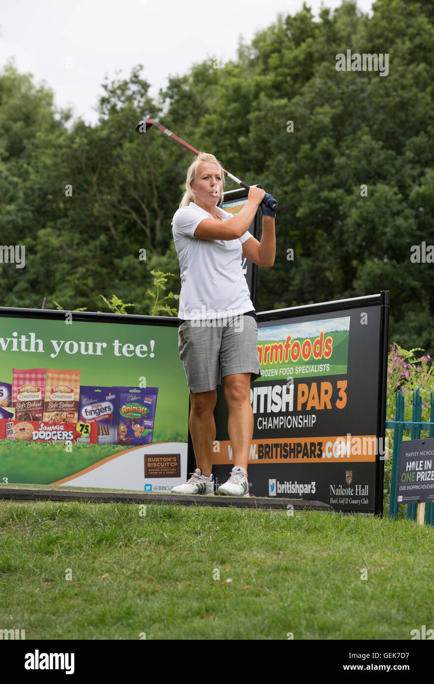 Warwickshire, UK. 26th July, 2016. Farm Foods British Par 3 Championship at Nailcote Hall in Warwickshire. Gail Emms MBE teeing off on the third hole. Credit:  steven roe/Alamy Live News Stock Photo