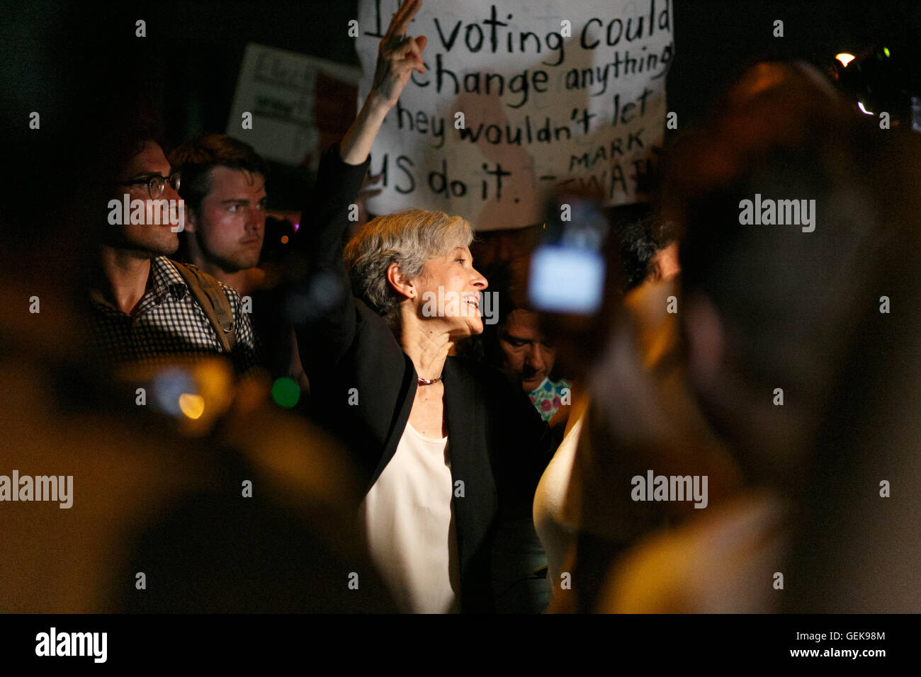 Philadelphia, Pennsylvania, USA. 26th July, 2016. Democratic National Convention. Dr. Jill Stein waves to a large crowd that formed around her as she walked to the gates of the DNC on July 26th, 2016. Credit:  John Orvis/Alamy Live News Stock Photo