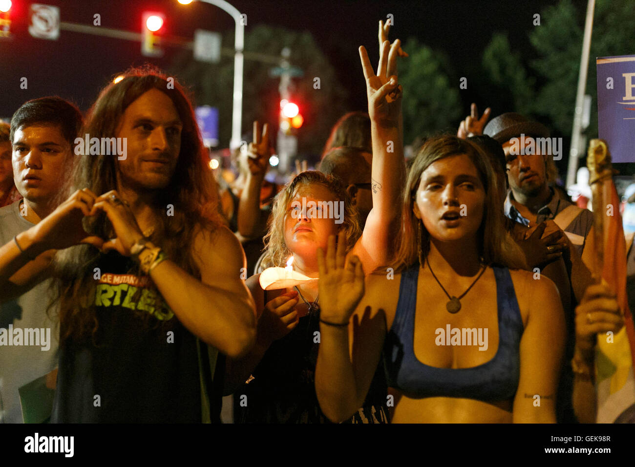 Philadelphia, Pennsylvania, USA. 26th July, 2016. Democratic National Convention. A group of Bernie Sanders supporters lights candles and chants outside of the DNC on July 26th, 2016. Credit:  John Orvis/Alamy Live News Stock Photo