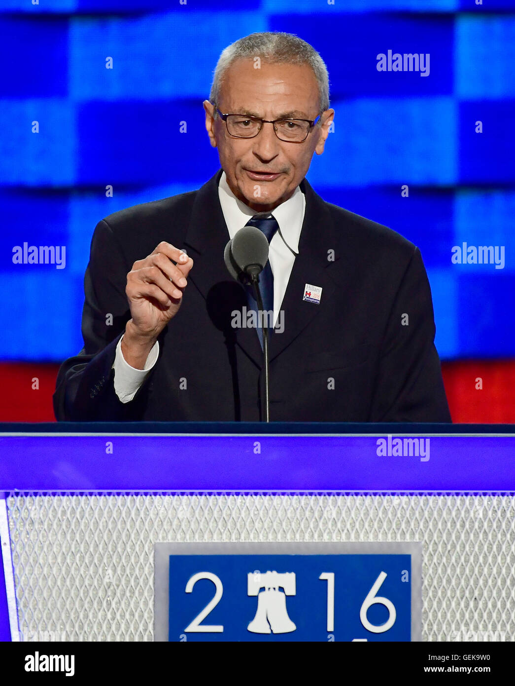 Philadelphia, Us. 25th July, 2016. John Pedesta, Clinton Campaign Chair, makes remarks at the 2016 Democratic National Convention at the Wells Fargo Center in Philadelphia, Pennsylvania on Monday, July 25, 2016. Credit: Ron Sachs/CNP (RESTRICTION: NO New York or New Jersey Newspapers or newspapers within a 75 mile radius of New York City) - NO WIRE SERVICE - © dpa/Alamy Live News Stock Photo