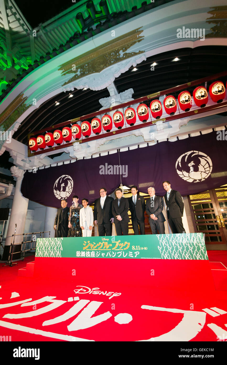 Tokyo, Japan. 27th July, 2016.  (L to R) Actor Toshiyuki Nishida, actress Rie Miyazawa, child actor Neel Sethi, director Jon Favreau, actor Matsumoto Koshiro, actor Yusuke Iseya, producer Brigham Taylor and the screenwriter Justin Marks pose for the cameras during the Japanese premiere for the film The Jungle Book at Kabuki-za theater in Ginza on July 27, 2016, Tokyo, Japan. Sethi, Taylor and Japanese voice cast appeared on the stage to greet the fans. The movie will be released in Japan on August 11. Credit:  Rodrigo Reyes Marin/AFLO/Alamy Live News Stock Photo
