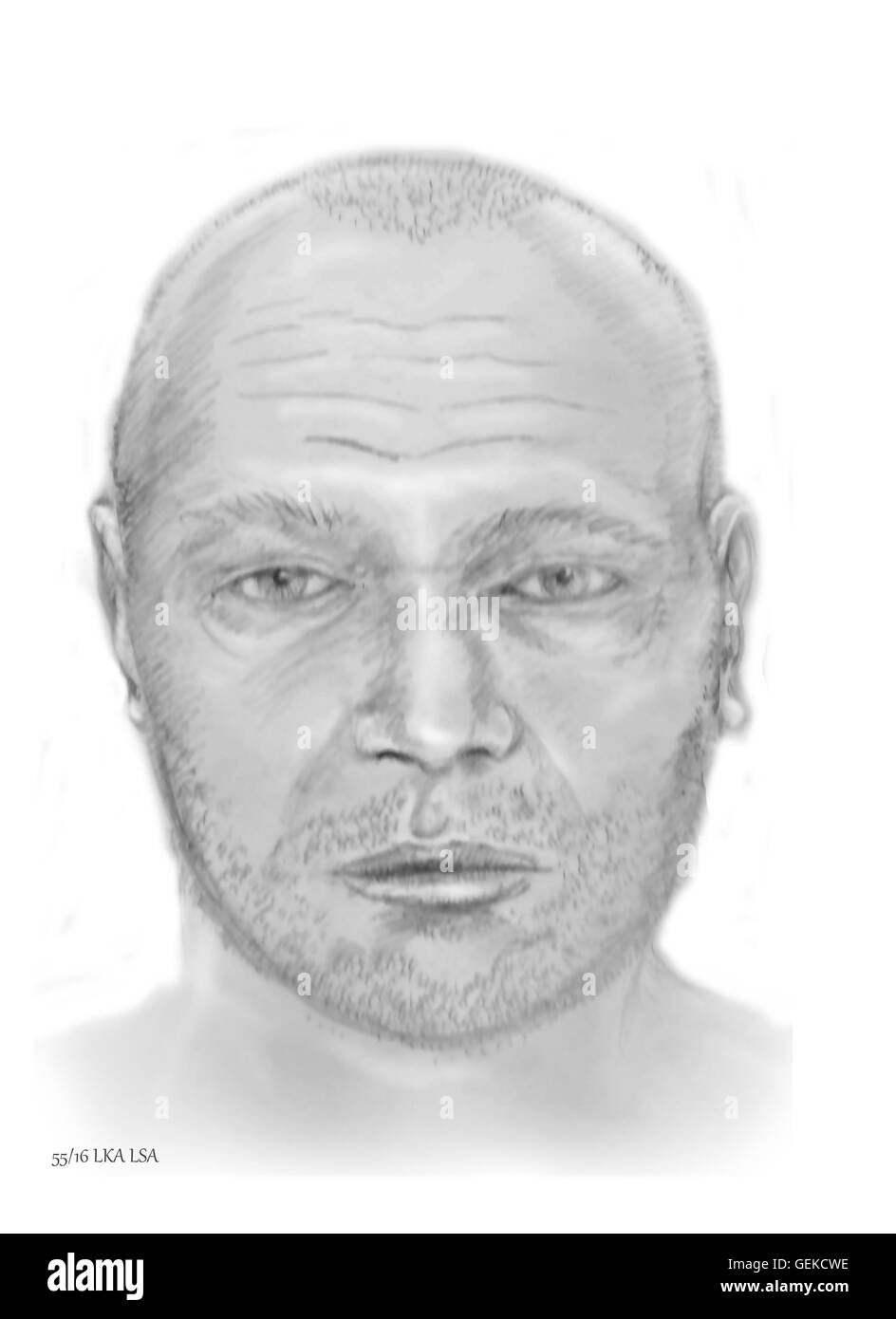 HANDOUT - The reconstructed head sot of an unknown dead man who was found in a box in Elbe river near Vockerode, Germany, on 5 July 2016. The investigators published the photo on 27 July 2016 and ask for hints from the general public. PHOTO: LANDESKRIMINALAMT SACHSEN-ANHALT (ATTENTION EDITORS: Editorial use only in connection with current reportings/ mandatory credit: Photo: Landeskriminalamt Sachsen-Anhalt) Stock Photo