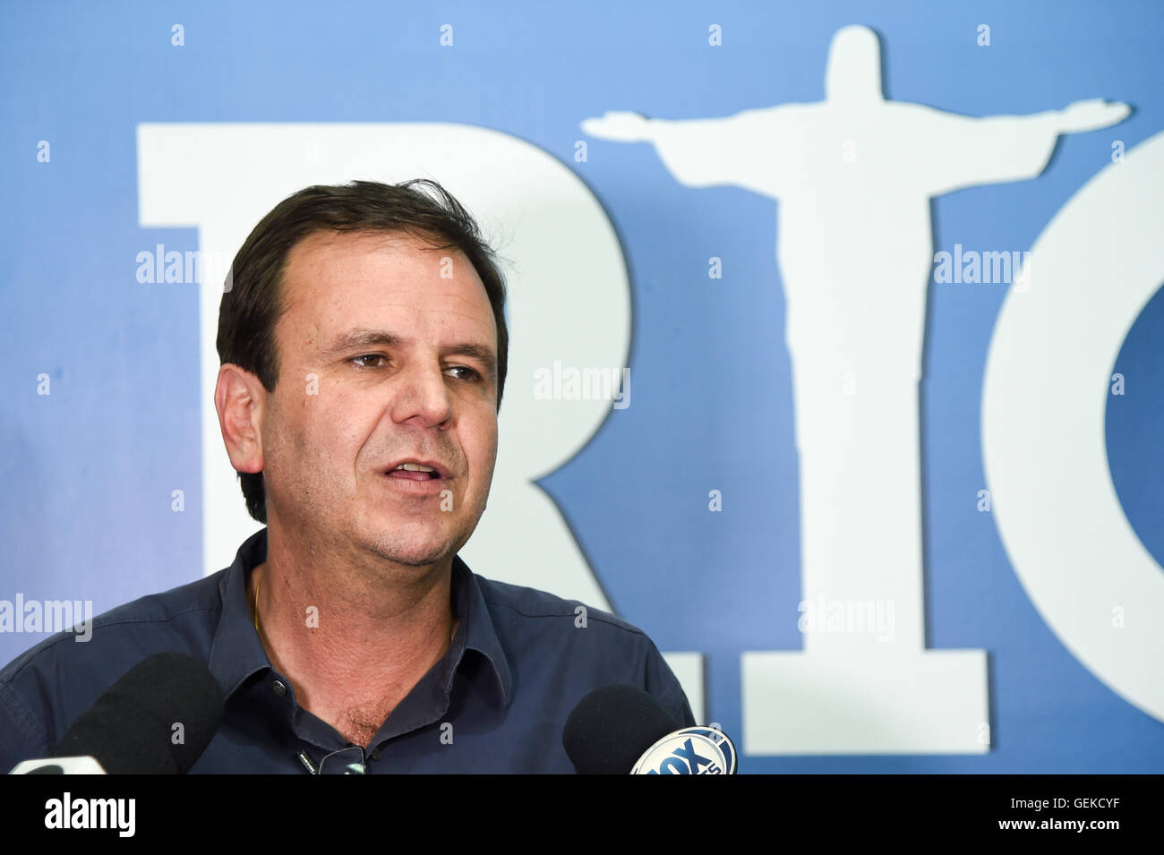 Mayor Eduardo Paes is interviewed during the opening ceremony of the
