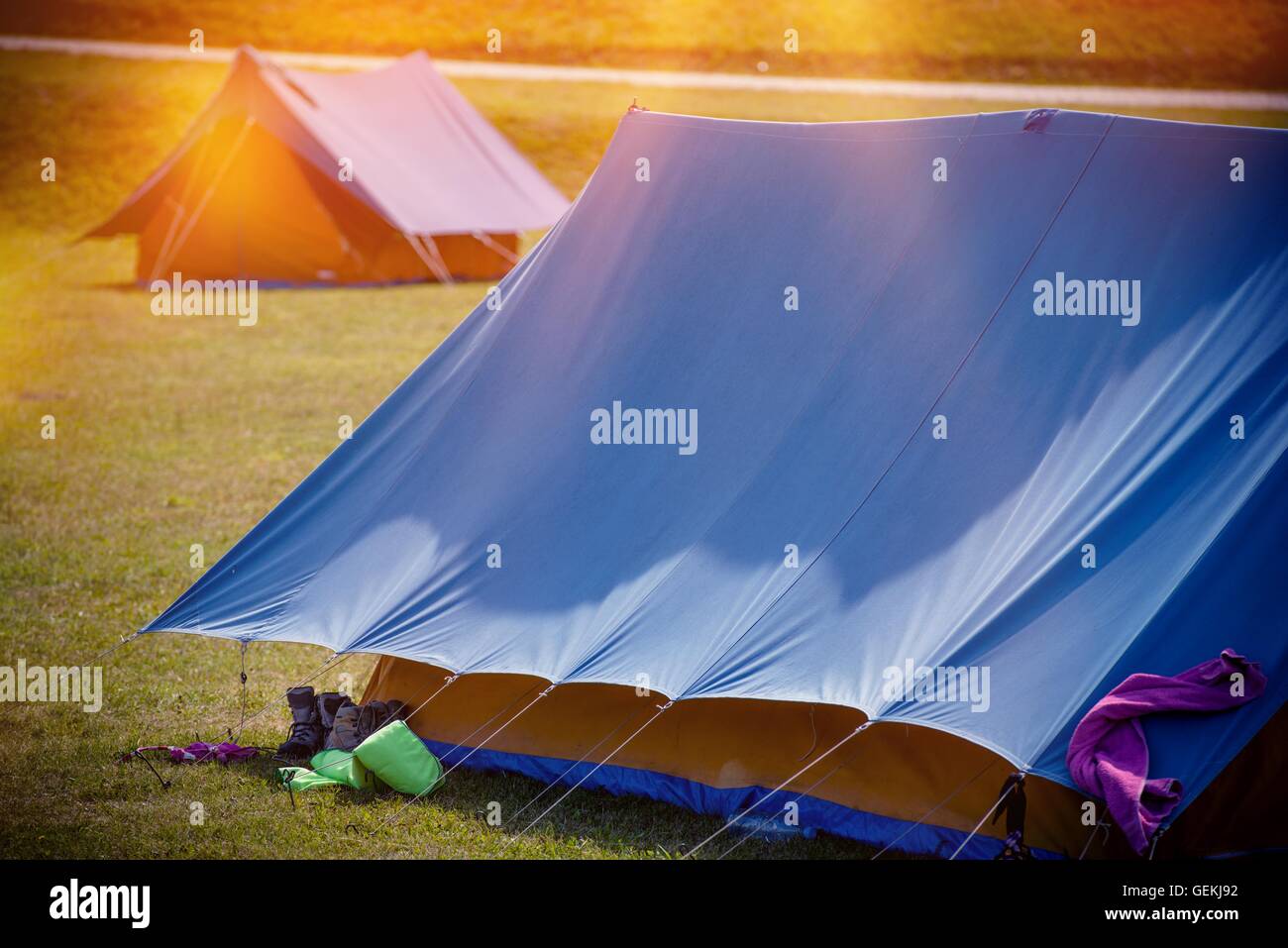 Large Tents on a Camping. Vacation Campground Tenting. Stock Photo