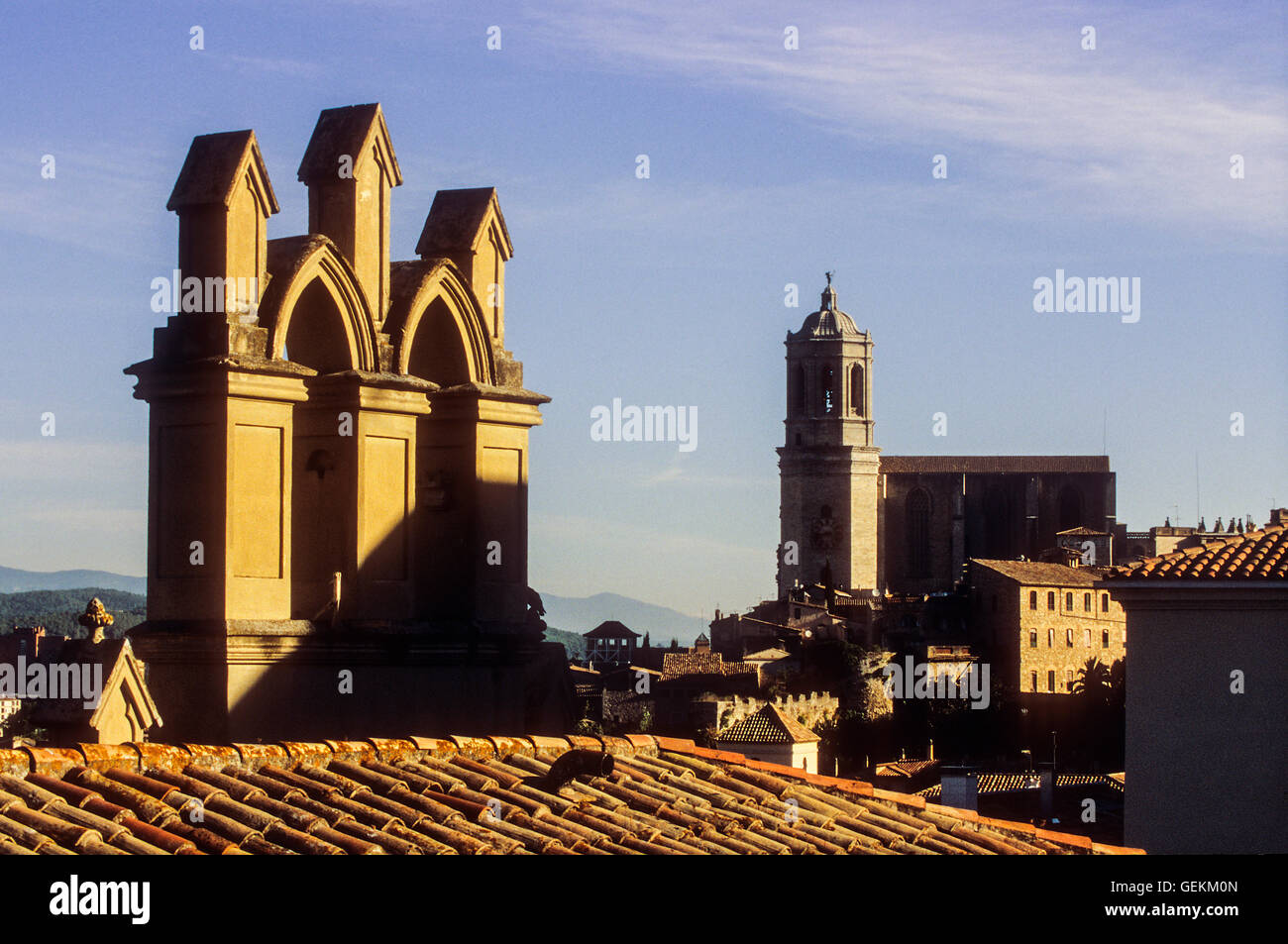 city ​​skyline, at right Catedral,Girona,Catalonia, Spain. Stock Photo