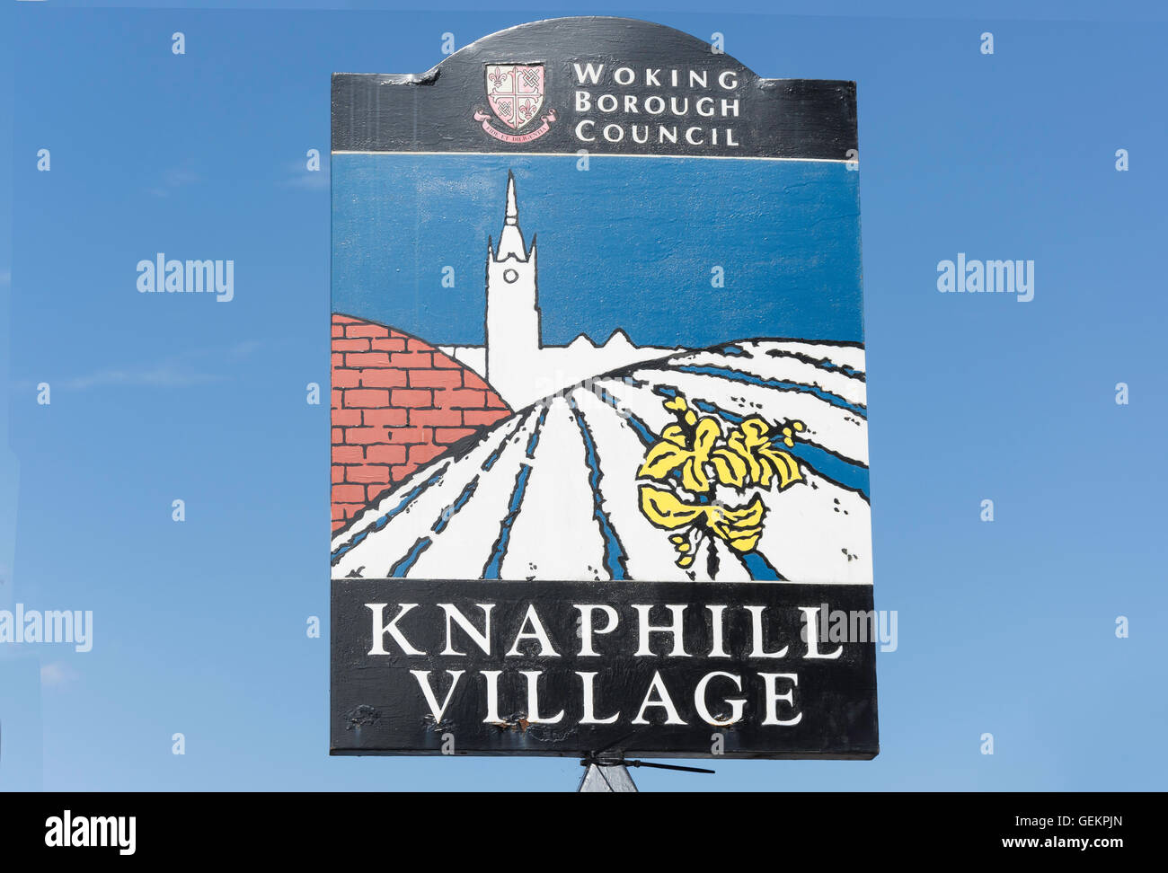 Village sign, Knaphill High Street, Knaphill, Surrey, England, United Kingdom Stock Photo