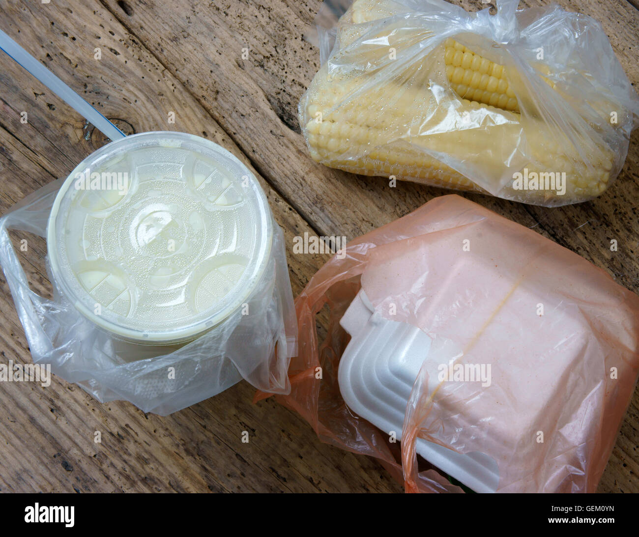 Vietnamese food for breakfast in plastic recycle bag, nylon bag use