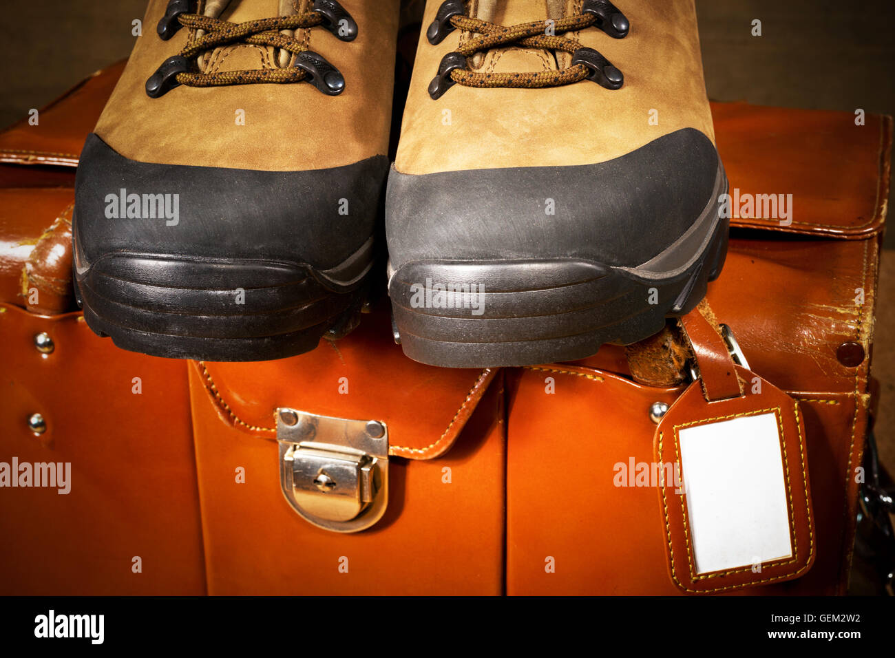 detail of walking boots and travel bag Stock Photo