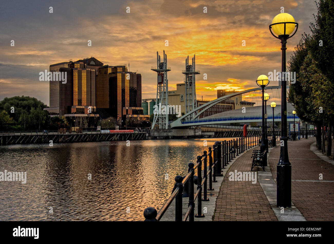 Salford Quays and River Irwell at sunset Stock Photo