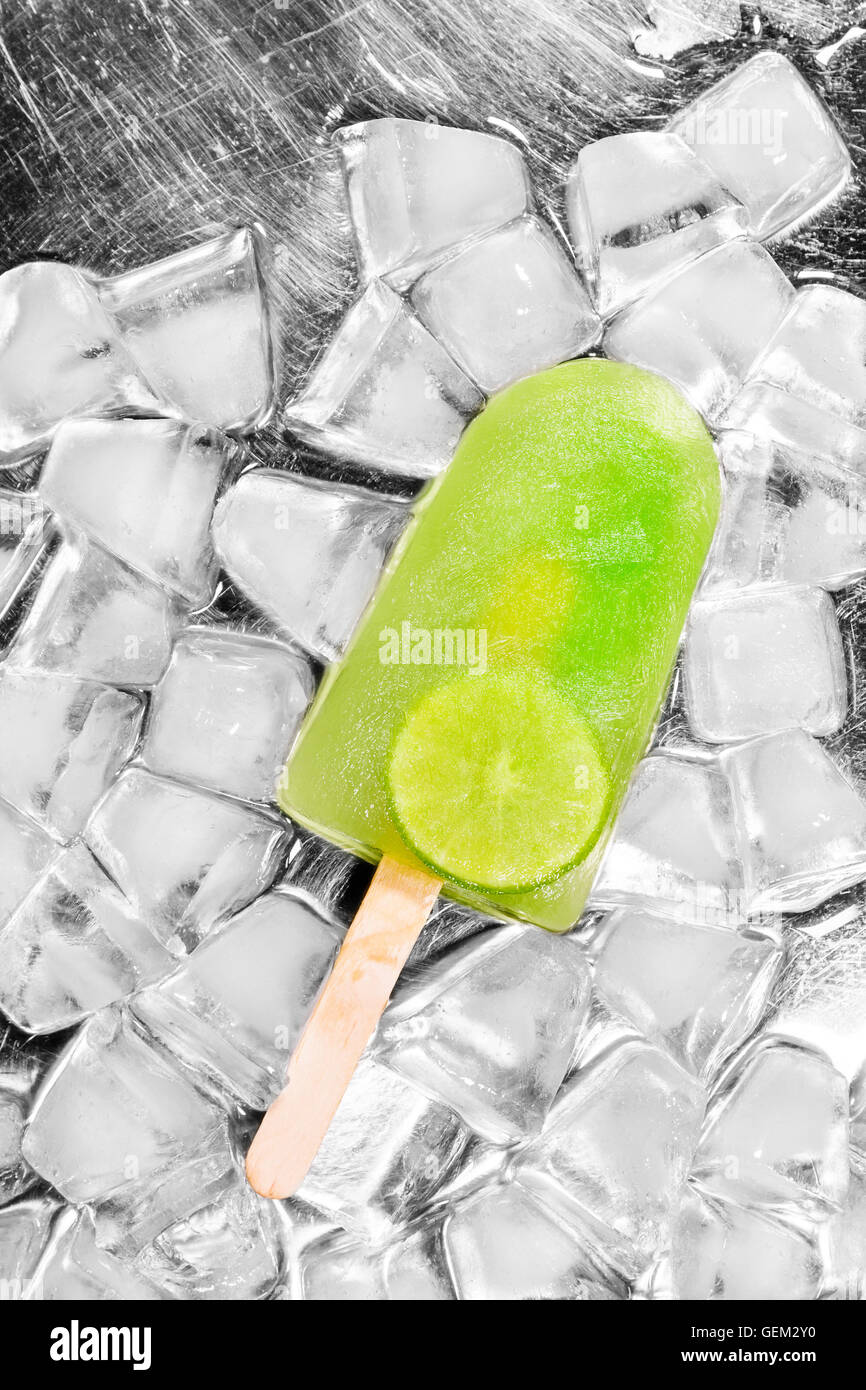 Lime sorbet ice cream on icecube background Stock Photo