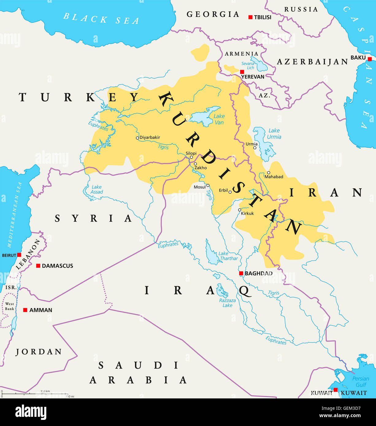 Kurdistan, Kurdish lands political map. Cultural region wherein Kurdish people form a prominent majority. Greater Kurdistan. Stock Photo