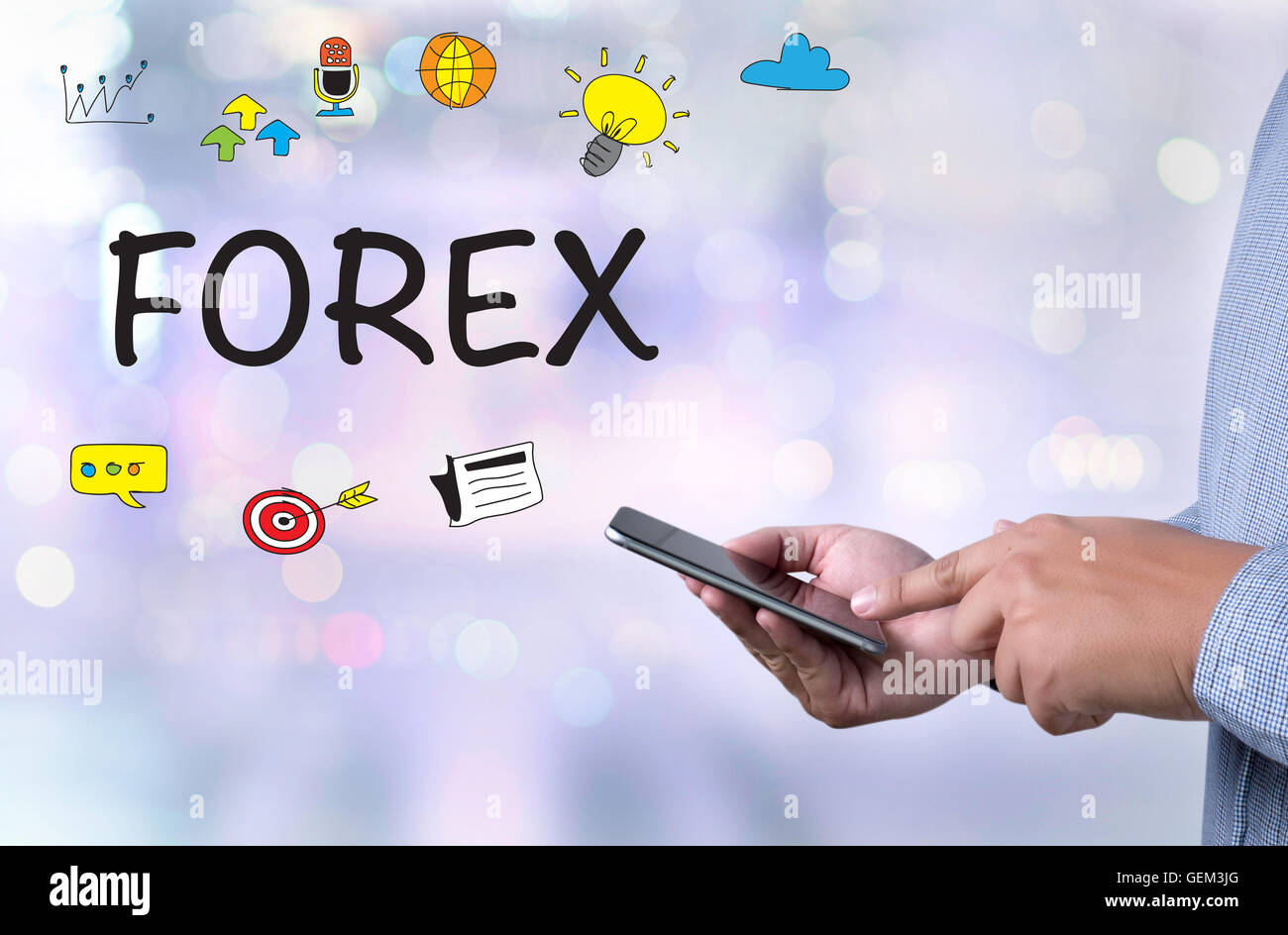 FOREX person holding a smartphone on blurred cityscape background Stock Photo