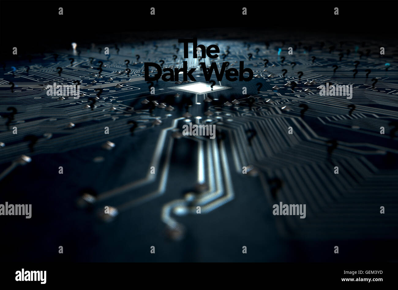 A 3D render of a macro view concept of a dimly lit circuit board with the word dark web and scattered black question marks on a Stock Photo