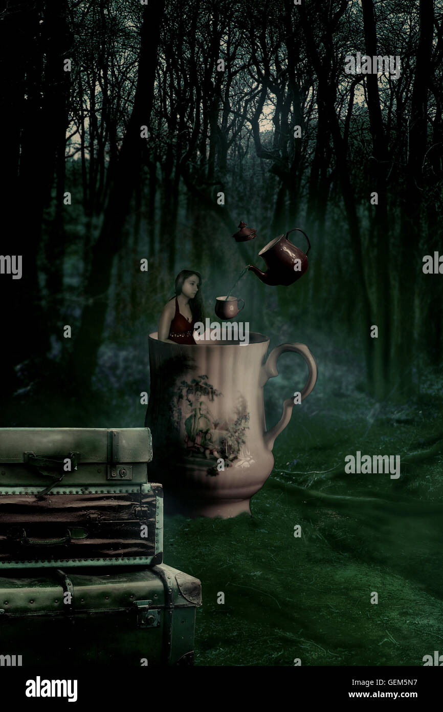 mad hatter tea party, tea party, tea, cup, magic forest, forest, photoshop, proportions, surreal, surrealism, dream, daydreamer, Stock Photo