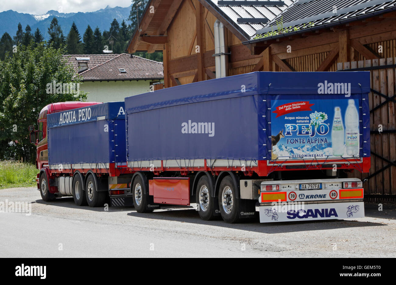 Pejo Spring Water Delivery Lorry outside the Plant, Pejo (Peio), Italy Stock Photo