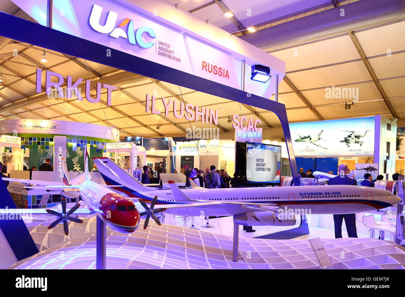 The stand of the Russian United Aircraft Corporation UAC at the Farnborough International Airshow 2016 Stock Photo