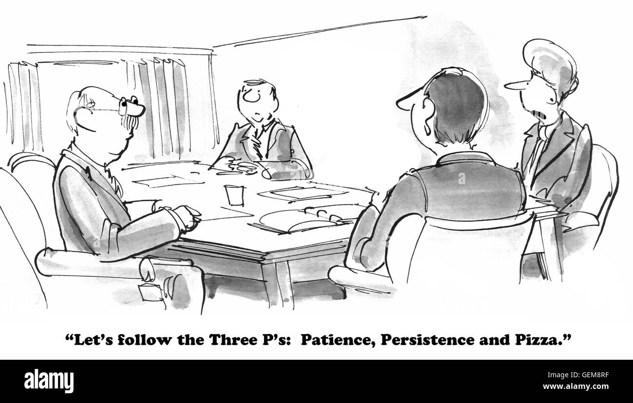 Business cartoon about offering employees patience, persistence and pizza. Stock Photo