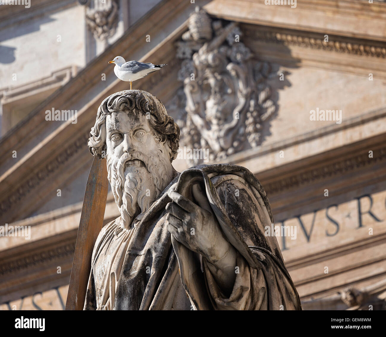 Bird sitting on head of huge st Paolo statue, Rome, Italy Stock Photo