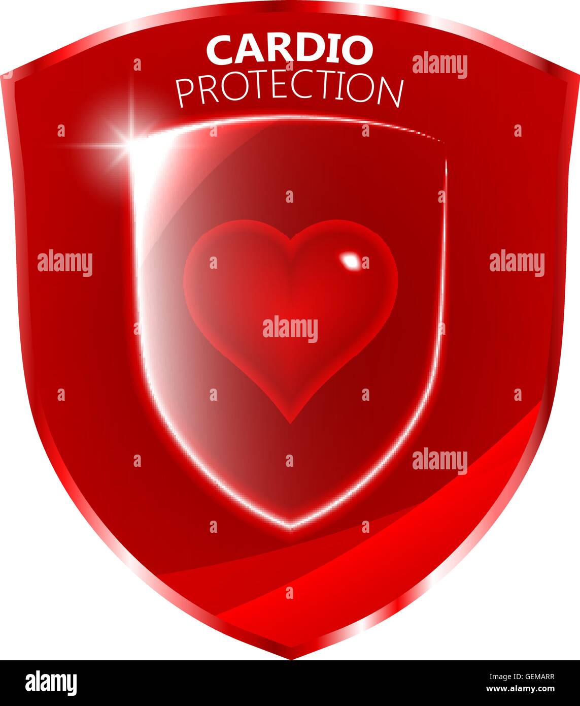 Cardio health protection symbol. Glass heart symbol over the red shield