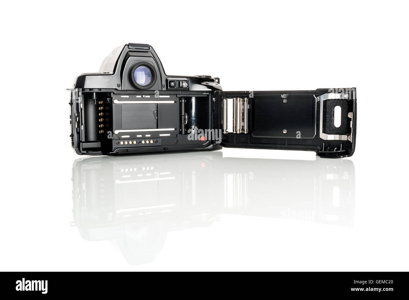 closeup film camera opened back lid on white background Stock Photo Alamy