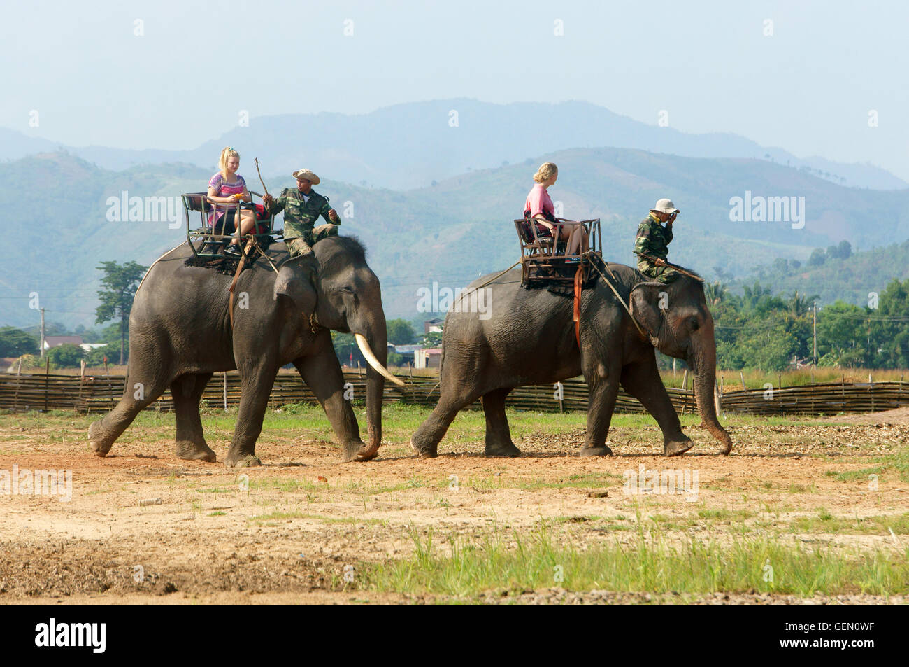 Asia travel in summer vacation at beautiful Vietnamese countryside, traveler travelling by ride elephant in eco tour Stock Photo