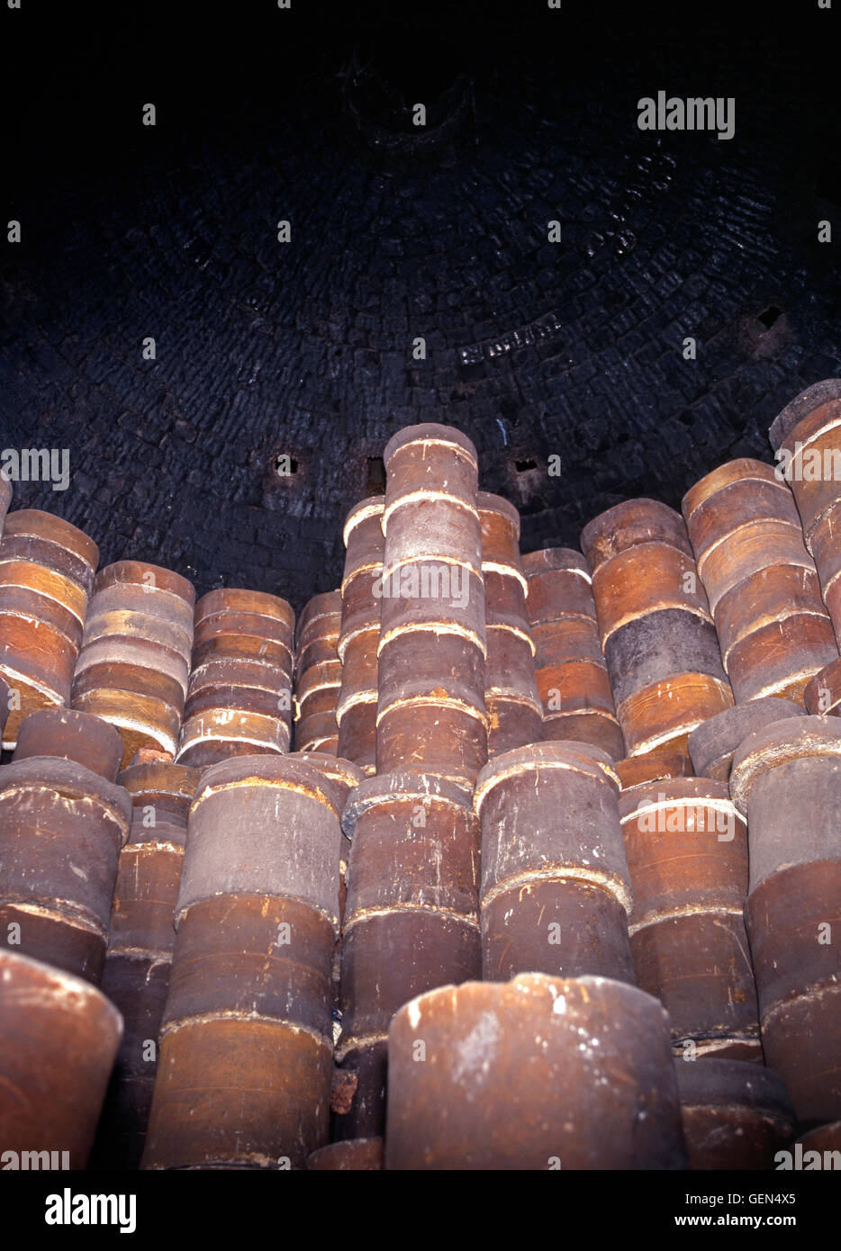 Clay pots inside a Bottle Kiln at the Gladstone Pottery Museum, Stoke on Trent, Staffordshire, England, UK, Western Europe. Stock Photo