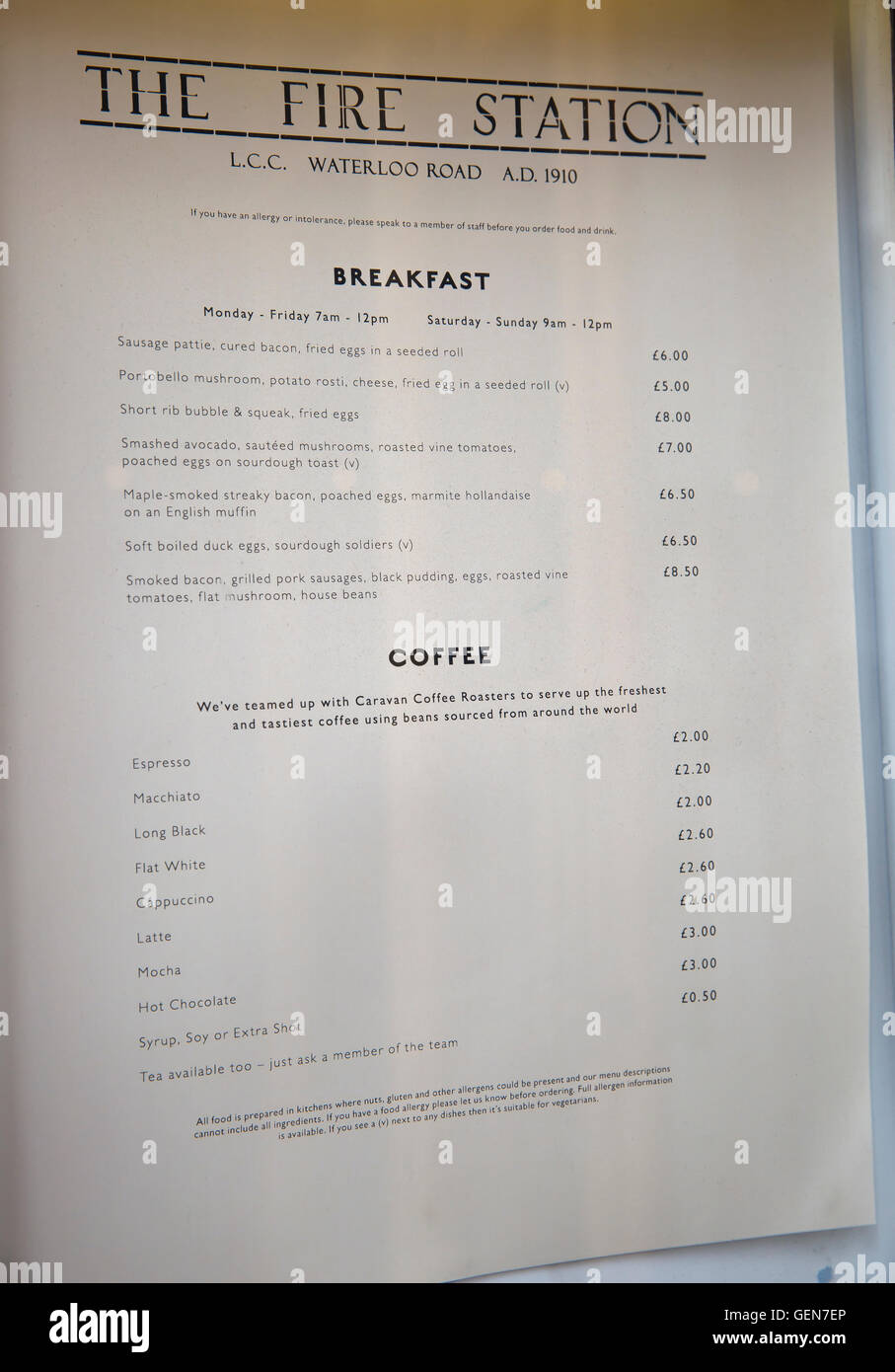The Fire Station menu in Waterloo Road, the building is now a cafe, it