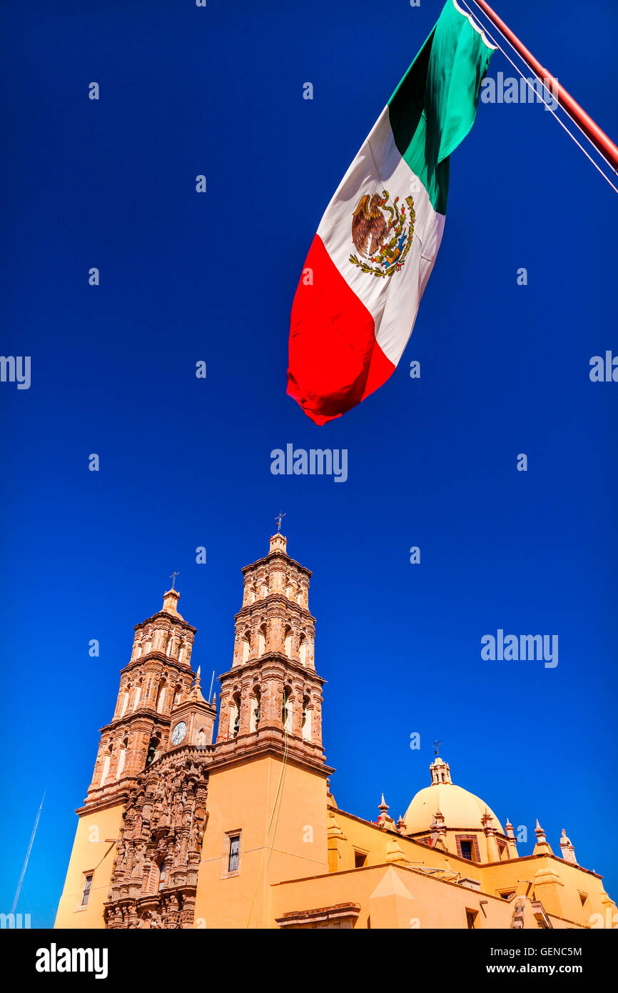 Mexican Flag Parroquia Cathedral Dolores Hidalgo Mexico. Stock Photo