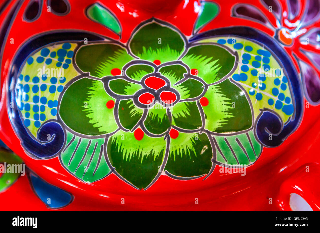 Colorful Souvenir Ceramic Green Red Flowers Pot Decoration Dolores Hidalgo Mexico Stock Photo