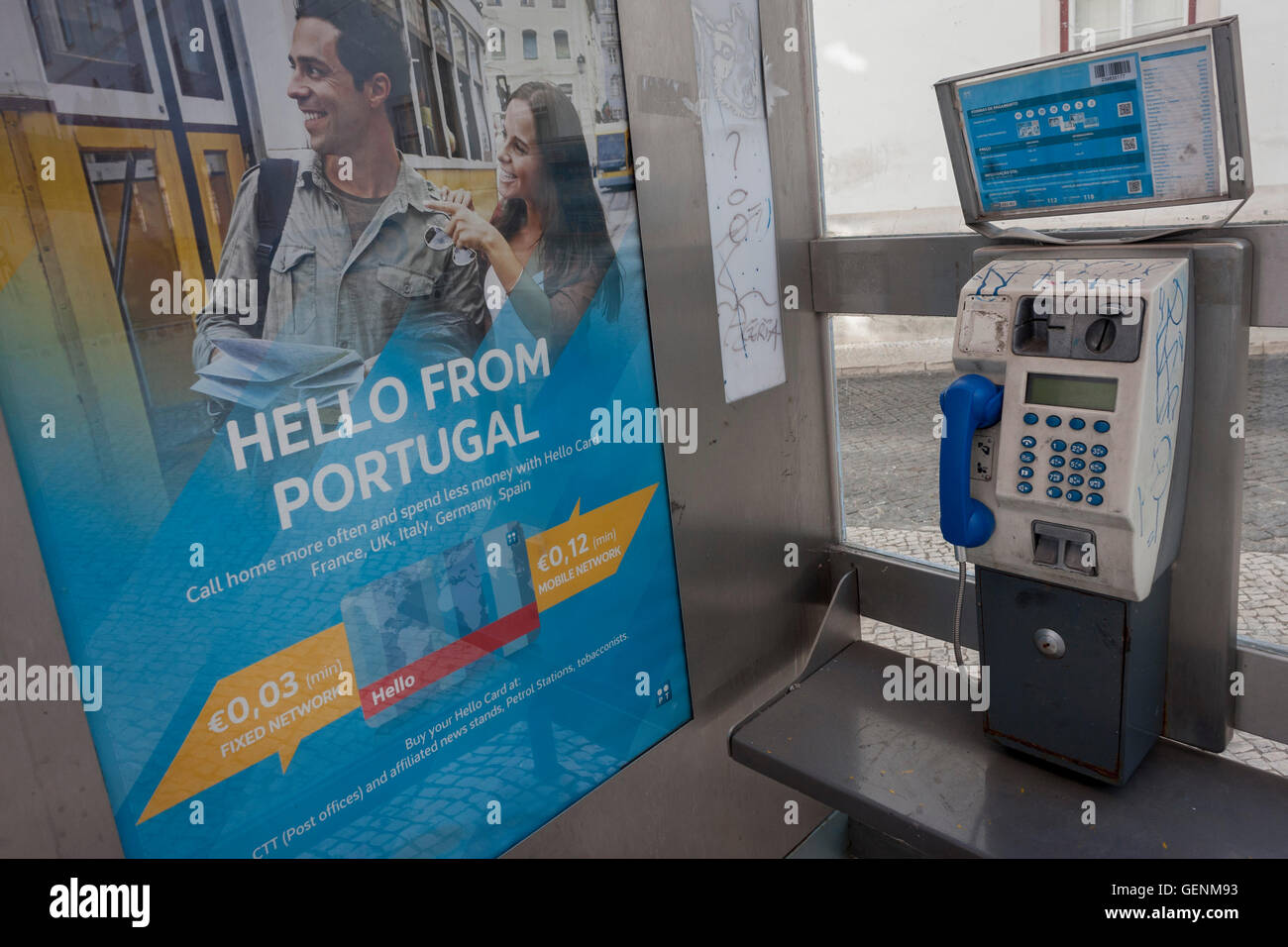 An ad for Portuguese phone rates in a kiosk at Coimbra university, Portugal. Stock Photo